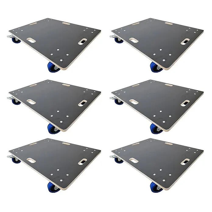 PROREGAL Profi Transportroller HERCULES 80x60 cm Schwerlast bis 800 kg 4 Gummirollen mit Bremse & Griff, Siebdruckplatte rutschfest, 6er Set Rollbrett für Möbel Möbelroller Transporthilfe Werkstatt -  - Set aus 6 quadratischen Möbelrollern mit schwarzer Antirutschfläche, Sperrholzkanten und blauen Rollen.