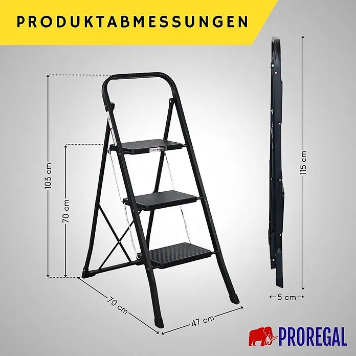 Proregal Klapptritt Trittleiter klappbar - Anzahl Tritte: 3 Stk., Belastbarkeit: 150 kg, Stahl - Schwarze klappbare Dreistufenleiter mit offenen und gefalteten Maßen.