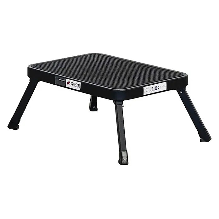 Proregal Klapptritt Tritthocker klappbar - Anzahl Tritte: 1 Stk., Belastbarkeit: 150 kg, Stahl - Schwarzer Klapptritt mit geriffelter, rutschfester Oberfläche und vier stabilen Beinen.