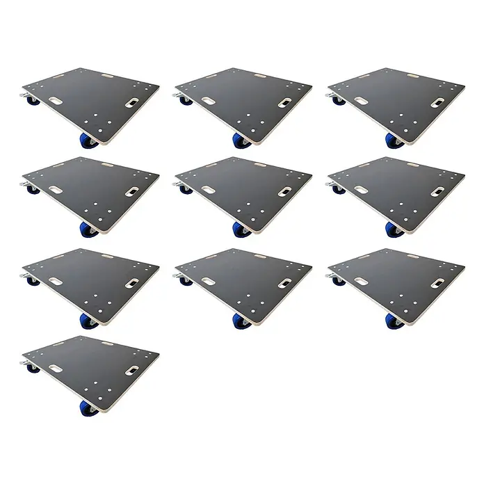 PROREGAL Profi Transportroller HERCULES 80x60 cm Schwerlast bis 800 kg 4 Gummirollen mit Bremse & Griff, Siebdruckplatte rutschfest, 10er Set Rollbrett für Möbel Möbelroller Transporthilfe Werkstatt -  - Set aus neun quadratischen Holz-Transportrollern mit dunkelgrauer Anti-Rutsch-Oberfläche und blauen Rollen.