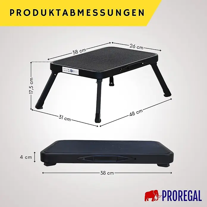 Proregal Klapptritt Tritthocker klappbar - Anzahl Tritte: 1 Stk., Belastbarkeit: 150 kg, Stahl - Schwarzer klappbarer Tritthocker aus Kunststoff, ausgeklappt mit Maßen (38x26x17,5 cm) und zusammengeklappt (38x4 cm).