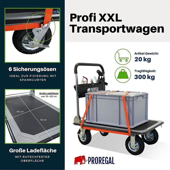 Proregal Transportroller BIG RHINO 300, klappbar, mit Werkzeugtasche & 6 Sicherungsösen - Traglast: 300 kg - Grauer Transportwagen mit schwarzer Antirutschfläche, orange Spanngurten, großen Rädern und 300kg Tragkraft.