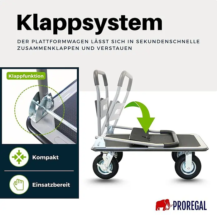 Proregal Transportroller BIG RHINO 300, klappbar, mit Werkzeugtasche & 6 Sicherungsösen - Traglast: 300 kg - Grauer und schwarzer klappbarer Plattformwagen mit sichtbarem Klappmechanismus. Der Griff klappt auf die Plattform, was das kompakte Design hervorhebt.