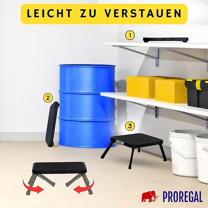 Proregal Klapptritt Tritthocker klappbar - Anzahl Tritte: 1 Stk., Belastbarkeit: 150 kg, Stahl - Schwarzer klappbarer Tritthocker, kompakt verstaubar: auf einem Regal, aufrecht oder einsatzbereit.