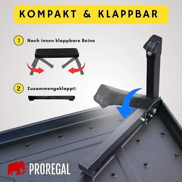 Proregal Klapptritt Tritthocker klappbar - Anzahl Tritte: 1 Stk., Belastbarkeit: 150 kg, Stahl - Schwarzer klappbarer Ständer mit nach innen einklappbaren Beinen, die ihn kompakt machen.