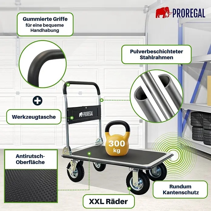 Proregal Transportroller BIG RHINO 300, klappbar, mit Werkzeugtasche & 6 Sicherungsösen - Traglast: 300 kg - Robuster, klappbarer Plattformwagen mit gummierten Griffen, 300 kg Tragkraft, Antirutschfläche, XXL-Rädern und pulverbeschichtetem Stahlrahmen.