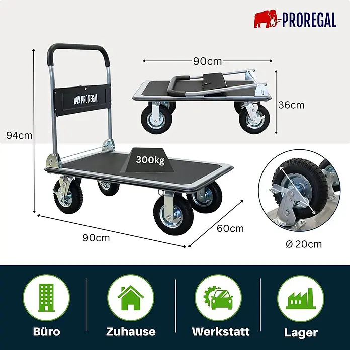 Proregal Transportroller BIG RHINO 300, klappbar, mit Werkzeugtasche & 6 Sicherungsösen - Traglast: 300 kg - Klappbarer Schwarz-Grauer Plattformwagen mit 300kg Tragkraft, 90x60cm Ladefläche, 94cm Griffhöhe und Ø 20cm Rädern.