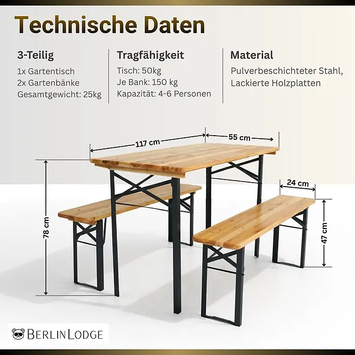 Chefgastro Gartentisch-Set Bierzeltgarnitur WIESN - Lackiert, Klappbar - 3-teiliges Gartentisch- und Bankset mit lackierten Holzplatten und schwarz pulverbeschichtetem Stahlrahmen.