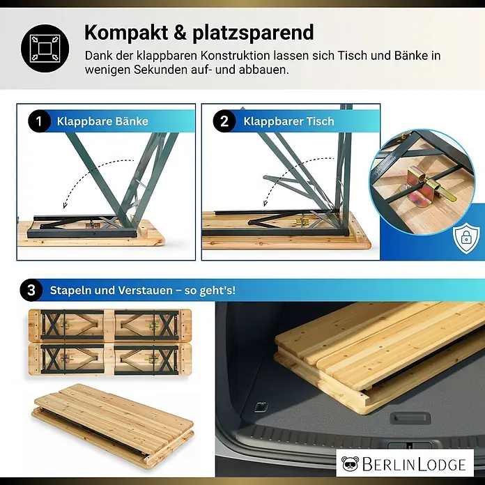 Chefgastro Gartentisch-Set Bierzeltgarnitur WIESN - Lackiert, Klappbar - Kompaktes klappbares Biergartenset aus Holz, zeigt Klappmechanismus und platzsparende Lagerung im Kofferraum.