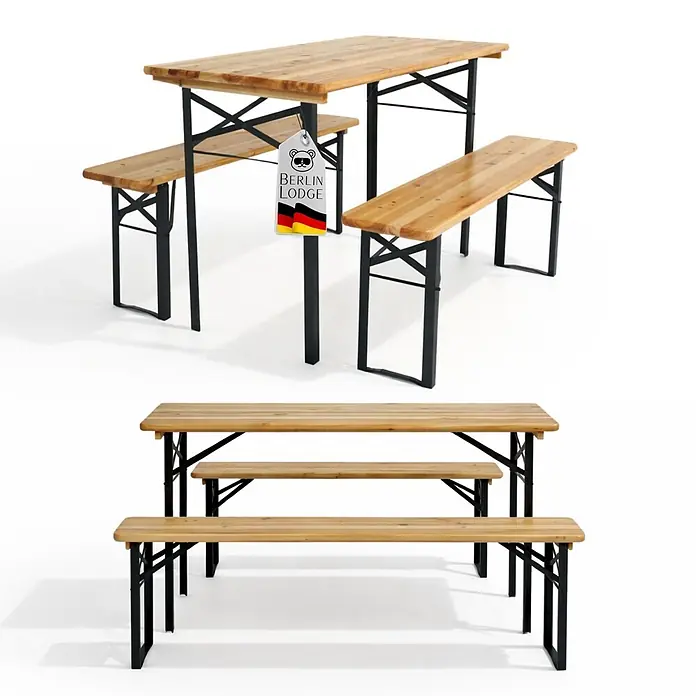 Chefgastro Gartentisch-Set Bierzeltgarnitur WIESN - Lackiert, Klappbar - Zwei Holz-Biertischgarnituren mit schwarzen Metallgestellen, eine mit einem 'Berlin Lodge'-Etikett.