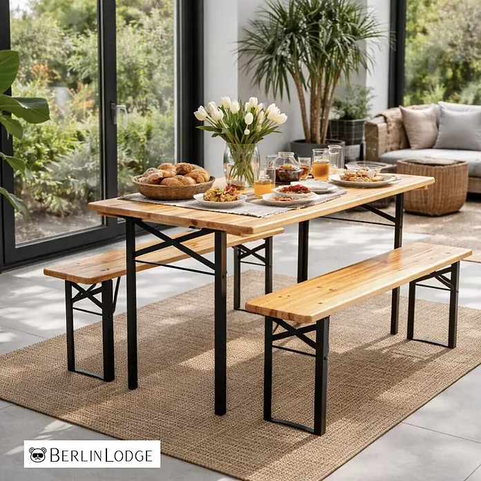 Chefgastro Gartentisch-Set Bierzeltgarnitur WIESN - Lackiert, Klappbar - Holz-Biergartentisch und Bänke mit schwarzem Metallgestell, für eine Mahlzeit in einem hellen, modernen Innen-Außenbereich gedeckt.