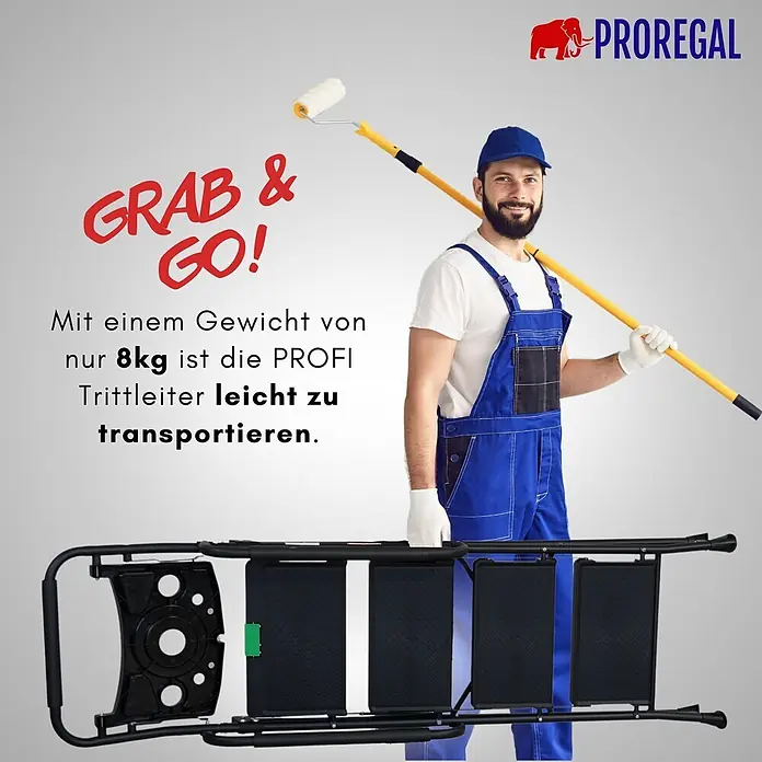 Proregal Klapptritt Profi-Trittleiter klappbar - Anzahl Tritte: 4 Stk., Belastbarkeit: 150 kg, Stahl - Zusammengeklappte schwarze Trittleiter mit grünem Akzent, leicht von einem Maler zu transportieren.