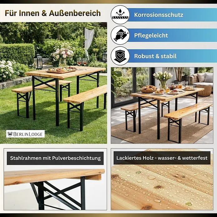 Chefgastro Gartentisch-Set Bierzeltgarnitur WIESN - Lackiert, Klappbar - Holztisch- und Bankgarnitur mit schwarzen Stahlrahmen, für Innen- und Außenbereich. Korrosionsschutz, pflegeleicht und wetterfest.