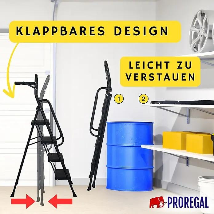 Proregal Klapptritt Profi-Trittleiter klappbar - Anzahl Tritte: 4 Stk., Belastbarkeit: 150 kg, Stahl - Schwarze klappbare Tritthocker, offen und zusammengeklappt für kompakte Lagerung in einer Garage gezeigt.