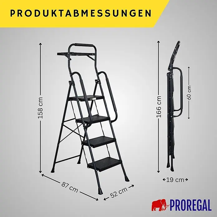 Proregal Klapptritt Profi-Trittleiter klappbar - Anzahl Tritte: 4 Stk., Belastbarkeit: 150 kg, Stahl - Schwarze Klappleiter mit Maßen, mehrstufig und auch zusammengeklappt dargestellt.