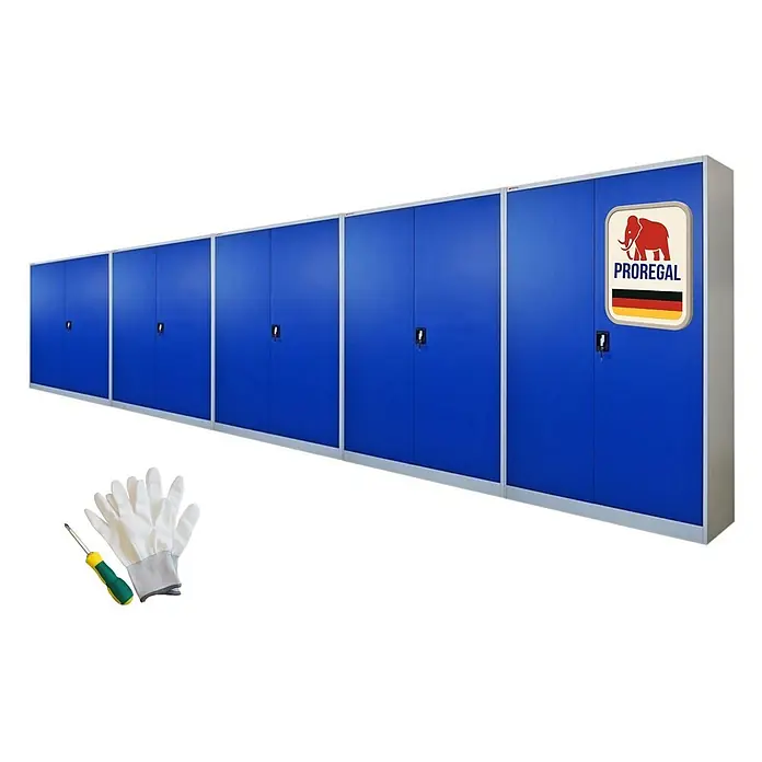 Proregal Aktenschrank Mega Deal 5x ELEPHANT mit 2 Türen, abschließbar - Blau/Lichtgrau - Reihe blauer Metallschränke mit Schlössern, Schlüsseln und silbernen Rahmen. Inklusive Schraubendreher und weißer Arbeitshandschuhe. Mit 'PROREGAL' Logo.
