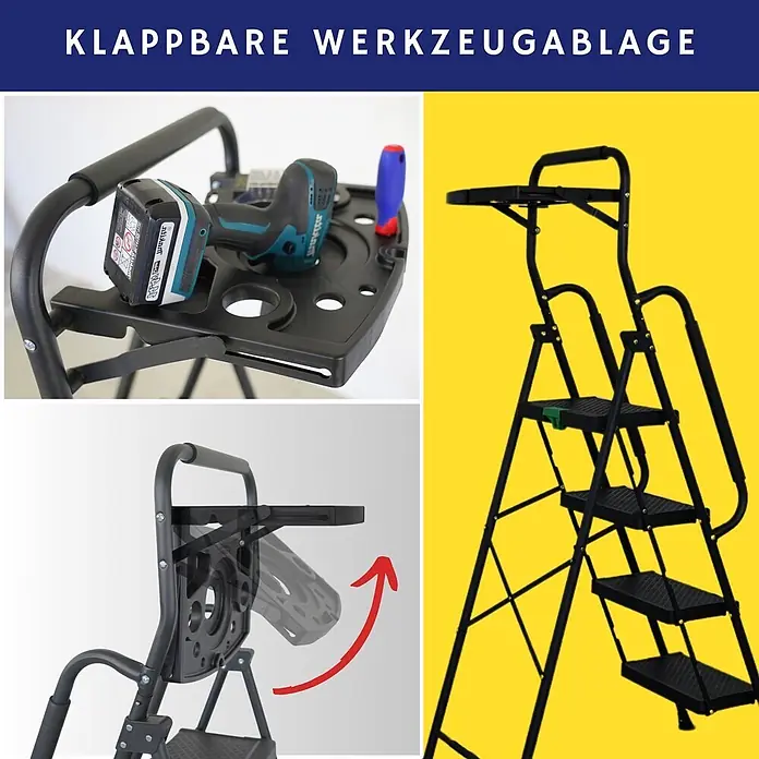 Proregal Klapptritt Profi-Trittleiter klappbar - Anzahl Tritte: 4 Stk., Belastbarkeit: 150 kg, Stahl - Schwarze Klappleiter mit integrierter, klappbarer Werkzeugablage.