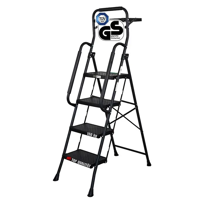 Proregal Klapptritt Profi-Trittleiter klappbar - Anzahl Tritte: 4 Stk., Belastbarkeit: 150 kg, Stahl - Schwarze klappbare 4-Stufen-Leiter mit Griff, GS-geprüft und für 150 kg Tragkraft.