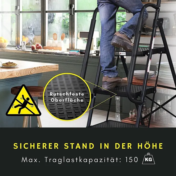 Proregal Klapptritt Profi-Trittleiter klappbar - Anzahl Tritte: 4 Stk., Belastbarkeit: 150 kg, Stahl - Schwarze Klappleiter mit rutschfesten Stufen, bietet sicheren Stand zum Erreichen von Höhen in einer Küche.