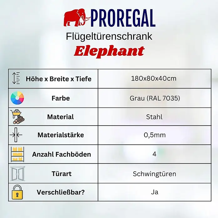 Proregal Aktenschrank ELEPHANT mit 2 Türen, abschließbar - Lichtgrau - Grauer Stahlschwingtürenschrank (180x80x40cm) mit 4 Fachböden, verschließbar.
