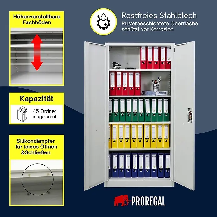Proregal Aktenschrank ELEPHANT mit 2 Türen, abschließbar - Lichtgrau - Grauer Metallschrank mit verstellbaren Fachböden, fasst 45 Ordner. Korrosionsbeständiges Stahlblech, leises Schließen.