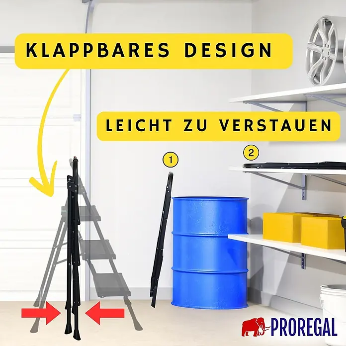 Proregal Klapptritt Profi-Trittleiter klappbar - Anzahl Tritte: 3 Stk., Belastbarkeit: 150 kg, Stahl - Schwarze klappbare Trittleiter in zusammengeklappter Position, die ihr kompaktes Design zur einfachen Aufbewahrung hervorhebt.