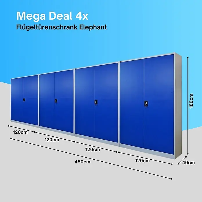 Proregal Aktenschrank Mega Deal 4x ELEPHANT komplett montiert - B x T x H: 120 x 40 x 180 cm, Blau/Lichtgrau - Vier blaue Metall-Flügeltürenschränke, 180cm hoch, 40cm tief, 480cm breit.