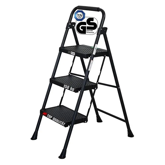 Proregal Klapptritt Profi-Trittleiter klappbar - Anzahl Tritte: 3 Stk., Belastbarkeit: 150 kg, Stahl - Schwarze, klappbare 3-stufige Leiter mit Handlauf, GS-zertifiziert, 150 kg Tragkraft.