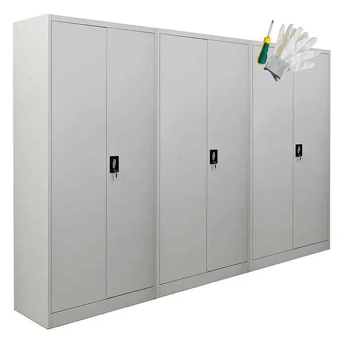Proregal Aktenschrank Mega Deal 3x ELEPHANT mit 2 Türen, abschließbar - Lichtgrau - Drei hellgraue Metallschränke mit Flügeltüren und Schlüsselschlössern, mit Montagewerkzeugen.