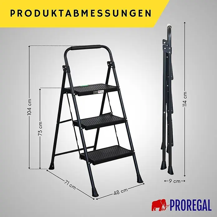 Proregal Klapptritt Profi-Trittleiter klappbar - Anzahl Tritte: 3 Stk., Belastbarkeit: 150 kg, Stahl - Schwarze 3-Stufen-Klappleiter, offen 104x48x71 cm (Höhe x Breite x Tiefe), zusammengeklappt 114x9 cm.