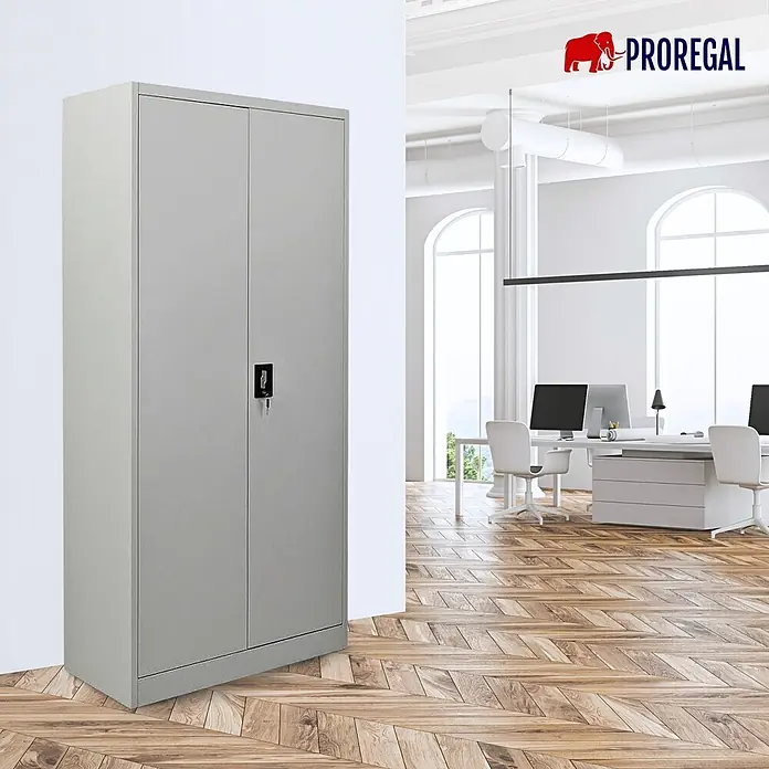 Proregal Aktenschrank Mega Deal 2x ELEPHANT mit 2 Türen, abschließbar - Lichtgrau - Hellgrauer Stahlschrank mit zwei Türen und Schloss, in einem modernen Büro stehend.