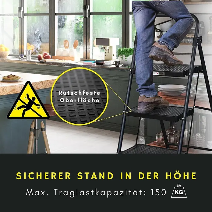 Proregal Klapptritt Profi-Trittleiter klappbar - Anzahl Tritte: 3 Stk., Belastbarkeit: 150 kg, Stahl - Schwarze Klappleiter mit rutschfesten Stufen für sicheren Stand in der Höhe. Max. 150 kg Traglast.