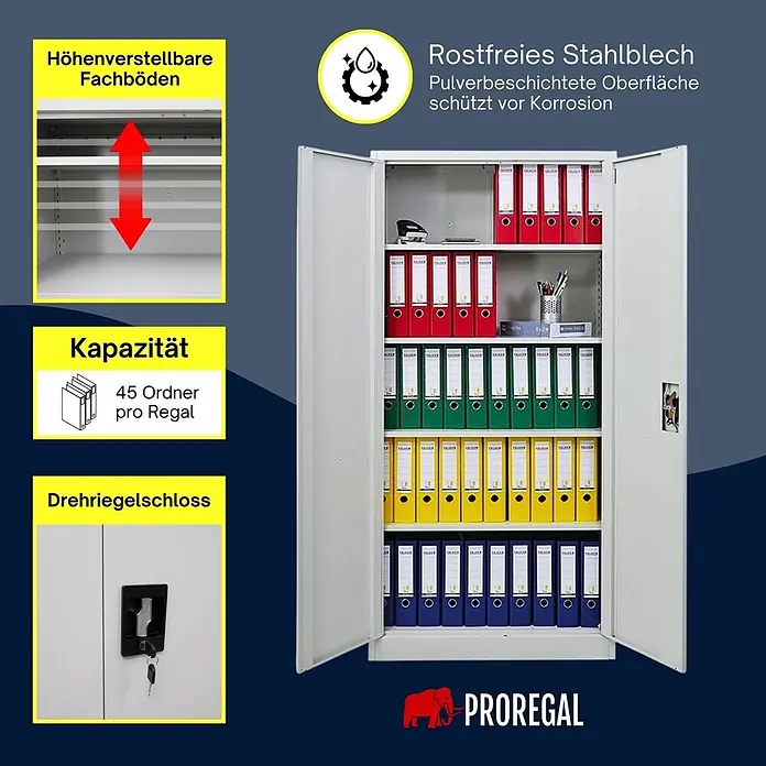 Proregal Aktenschrank Mega Deal 2x ELEPHANT mit 2 Türen, abschließbar - Lichtgrau - Grauer Metall-Büroschrank mit zwei offenen Türen, zeigt verstellbare Einlegeböden. Bietet Platz für bis zu 45 Ordner und hat ein Drehriegelschloss.