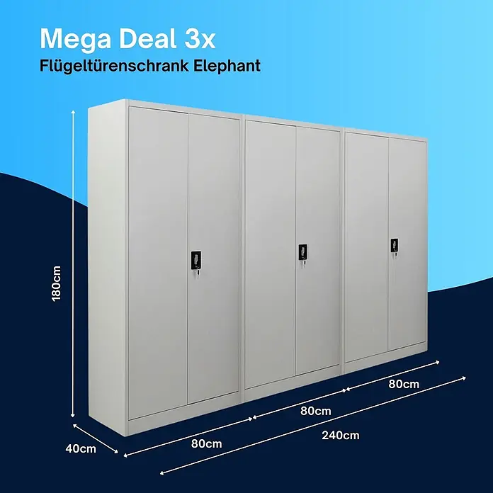 Proregal Aktenschrank Mega Deal 3x ELEPHANT mit 2 Türen, abschließbar - Lichtgrau - Drei hellgraue Flügeltürenschränke aus Metall mit Schlössern, je 80 cm breit, gesamt 240 cm breit, 180 cm hoch, 40 cm tief.