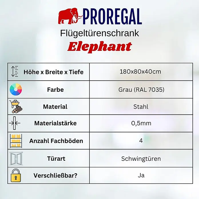 Proregal Aktenschrank Mega Deal 2x ELEPHANT mit 2 Türen, abschließbar - Lichtgrau - Grauer Flügeltürenschrank aus Stahl, 180x80x40cm, mit 4 Böden und Schwingtüren, abschließbar.