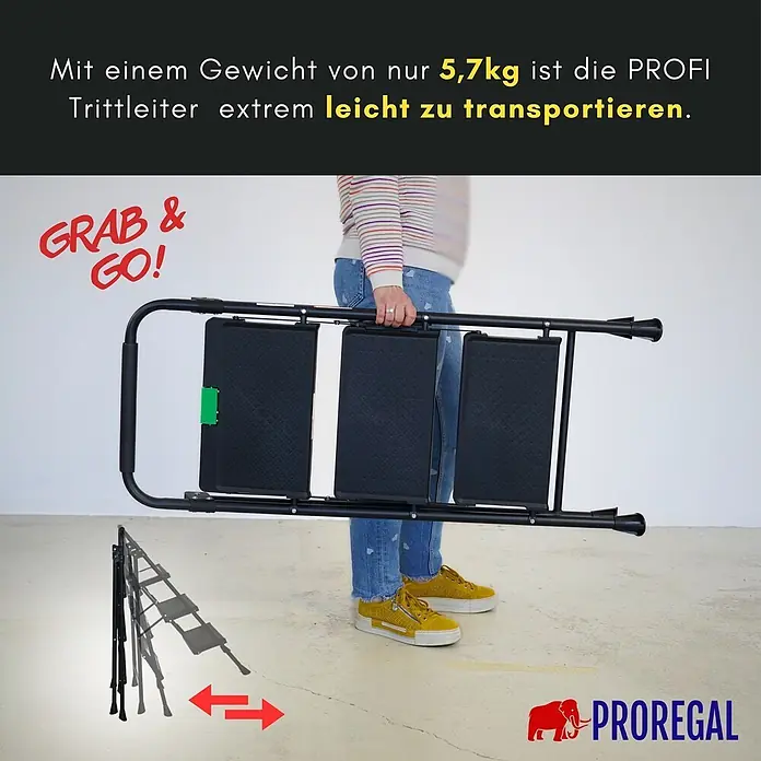 Proregal Klapptritt Profi-Trittleiter klappbar - Anzahl Tritte: 3 Stk., Belastbarkeit: 150 kg, Stahl - Schwarze klappbare Trittleiter, von einer Person getragen, hebt ihr leichtes und einfach zu transportierendes Design hervor.