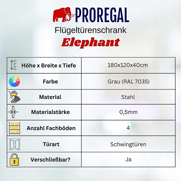 Proregal Aktenschrank Mega Deal 3x ELEPHANT mit 2 Türen, abschließbar - B x T x H: 120 x 40 x 180 cm, Lichtgrau - Grauer Stahl-Flügeltürenschrank (180x120x40cm) mit 4 Fachböden und abschließbaren Schwingtüren.