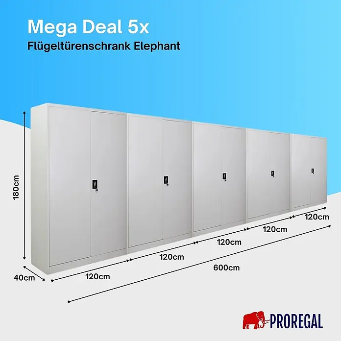Proregal Aktenschrank Mega Deal 5x ELEPHANT komplett montiert - Lichtgrau - Set aus 5 weißen Flügeltürenschränken aus Metall, 600cm breit, 180cm hoch, 40cm tief.