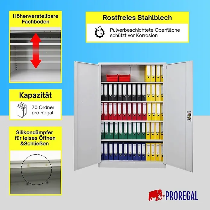 Proregal Aktenschrank Mega Deal 5x ELEPHANT komplett montiert - Lichtgrau - Weißer, offener Metallaktenschrank mit verstellbaren Fachböden, pulverbeschichtetem Stahl zum Korrosionsschutz. Fasst 70 Ordner und hat Soft-Close-Dämpfer.