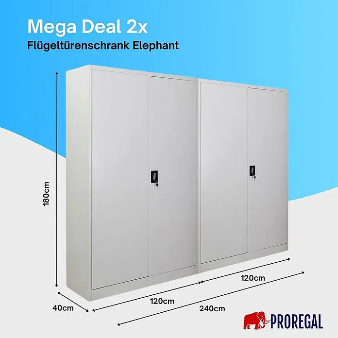 Proregal Aktenschrank Mega Deal 2x ELEPHANT komplett montiert - Lichtgrau - Zwei hellgraue Flügeltürenschränke aus Metall, 180x240x40cm, mit Schlössern. Ideal zur Lagerung.