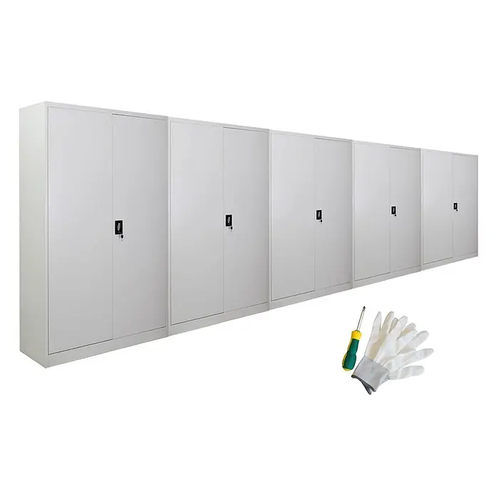 Proregal Aktenschrank Mega Deal 5x ELEPHANT mit 2 Türen, abschließbar - Lichtgrau - Helle graue Metall-Doppeltür-Schränke mit Schlössern, einem Schraubendreher und Schutzhandschuhen.