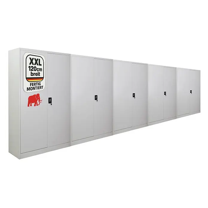 Proregal Aktenschrank Mega Deal 5x ELEPHANT komplett montiert - Lichtgrau - Reihe hellgrauer Metallschränke mit Schlössern, fertig montiert.
