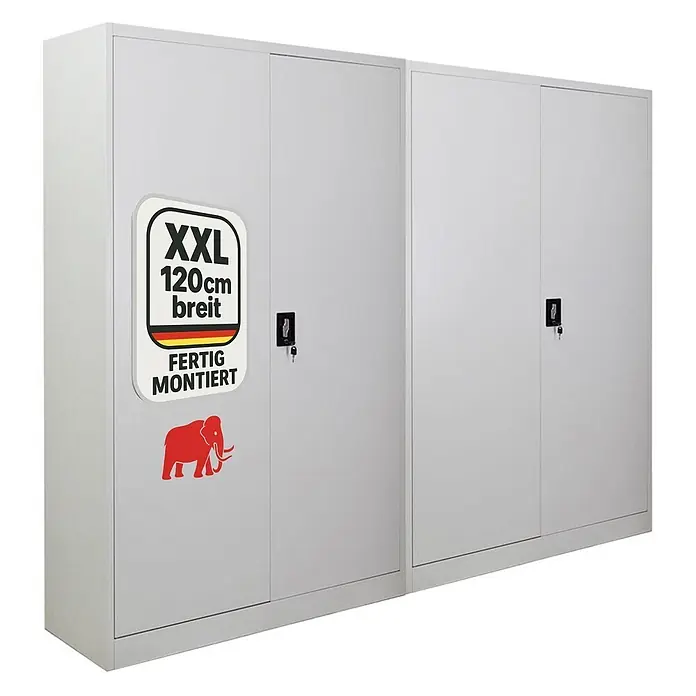 Proregal Aktenschrank Mega Deal 2x ELEPHANT komplett montiert - Lichtgrau - Zwei hellgraue Metallschränke, einer mit 'XXL 120cm breit, fertig montiert' Aufkleber und rotem Elefantenlogo.