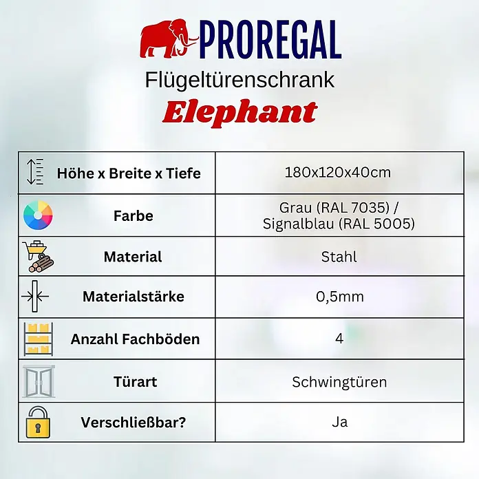 Proregal Aktenschrank ELEPHANT mit 2 Türen, abschließbar - Blau/Lichtgrau - Spezifikationen für einen PROREGAL Elephant Flügeltürenschrank: 180x120x40cm, grau/signalblau Stahl, 0,5mm dick, 4 Fachböden, Schwingtüren, abschließbar.
