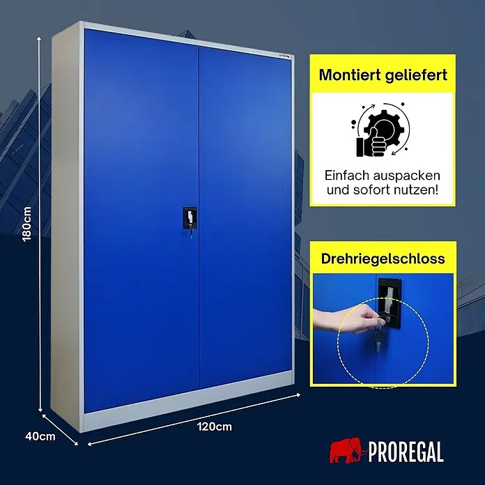 Proregal Aktenschrank ELEPHANT komplett montiert - Blau/Lichtgrau - Blauer zweitüriger Stahlschrank mit Drehriegelschloss. Maße 180x120x40cm, fertig montiert geliefert.