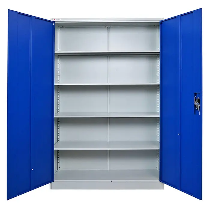 Proregal Aktenschrank ELEPHANT komplett montiert - Blau/Lichtgrau - Blauer und grauer Metallschrank mit zwei offenen Türen, der fünf verstellbare Regalböden zeigt.