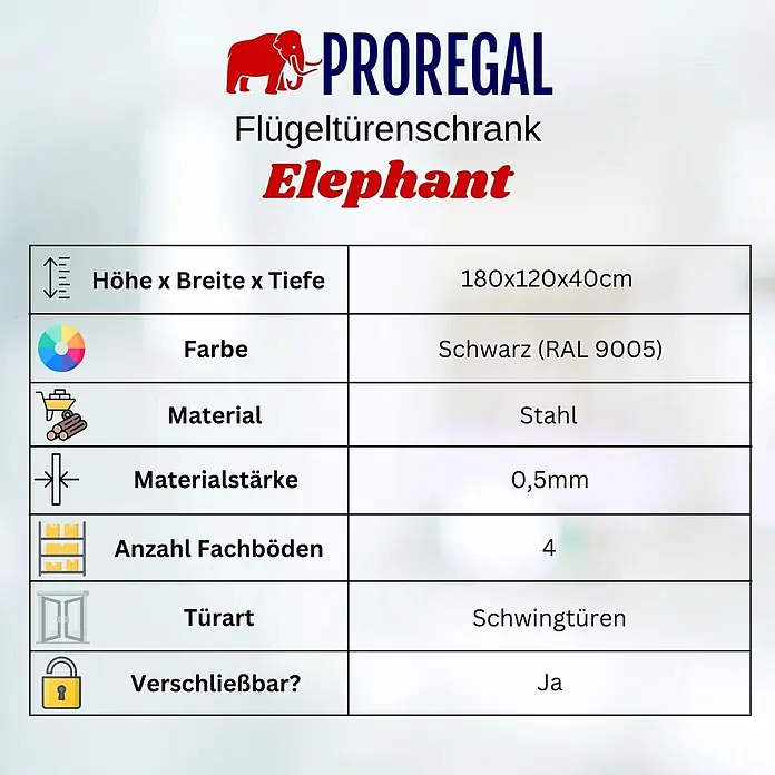 Proregal Aktenschrank Mega Deal 5x ELEPHANT mit 2 Türen, abschließbar - B x T x H: 120 x 40 x 180 cm, Schwarz - Datenblatt PROREGAL Flügeltürenschrank Elephant: schwarzer Stahl, 180x120x40cm, 4 Böden, verschließbare Schwingtüren.