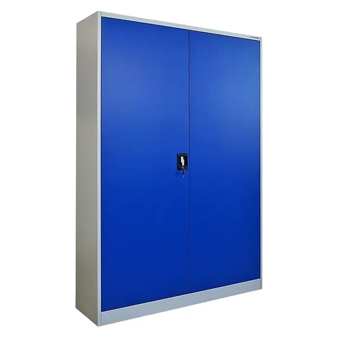 Proregal Aktenschrank ELEPHANT komplett montiert - Blau/Lichtgrau - Blauer Doppeltür-Metallschrank mit grauem Rahmen und Schloss mit Schlüssel im Griff.