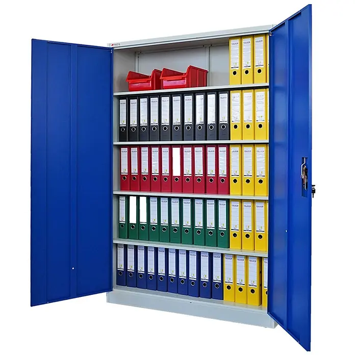 Proregal Aktenschrank ELEPHANT komplett montiert - Blau/Lichtgrau - Blauer Metall-Büroschrank mit geöffneten Türen, gefüllt mit Aktenordnern und roten Ablagekästen.