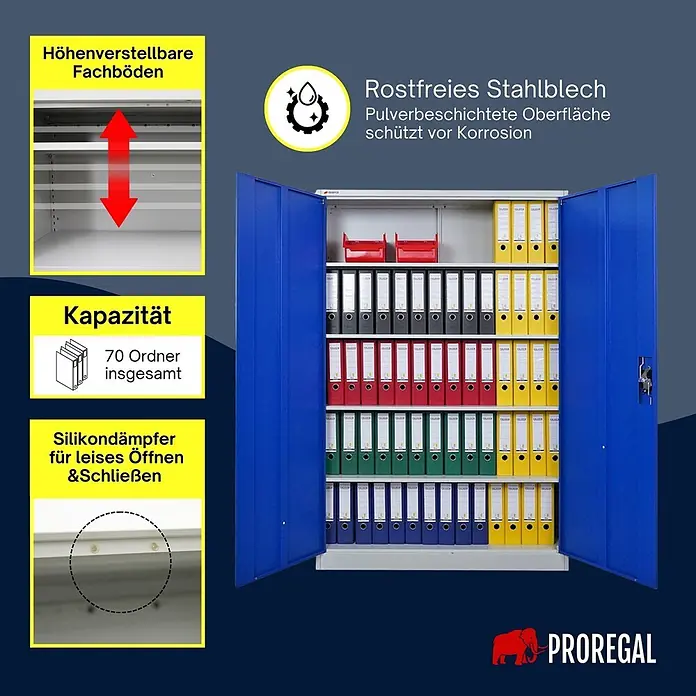Proregal Aktenschrank ELEPHANT komplett montiert - Blau/Lichtgrau - Blauer Metall-Büroschrank mit verstellbaren Fachböden, korrosionsgeschützter Oberfläche, Kapazität für 70 Ordner und leisem Schließmechanismus.